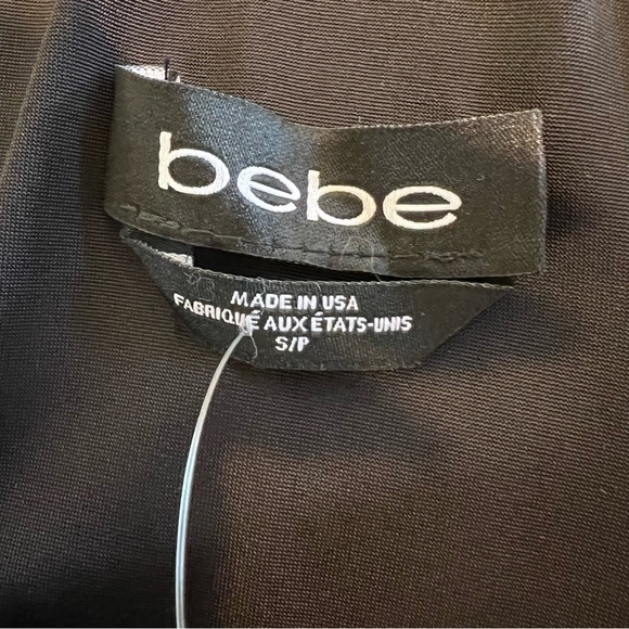 NWT Bebe Peplum Black Low Cut V Neck Short Dress Gold Detail Belt Cocktail S - Picture 8 of 15